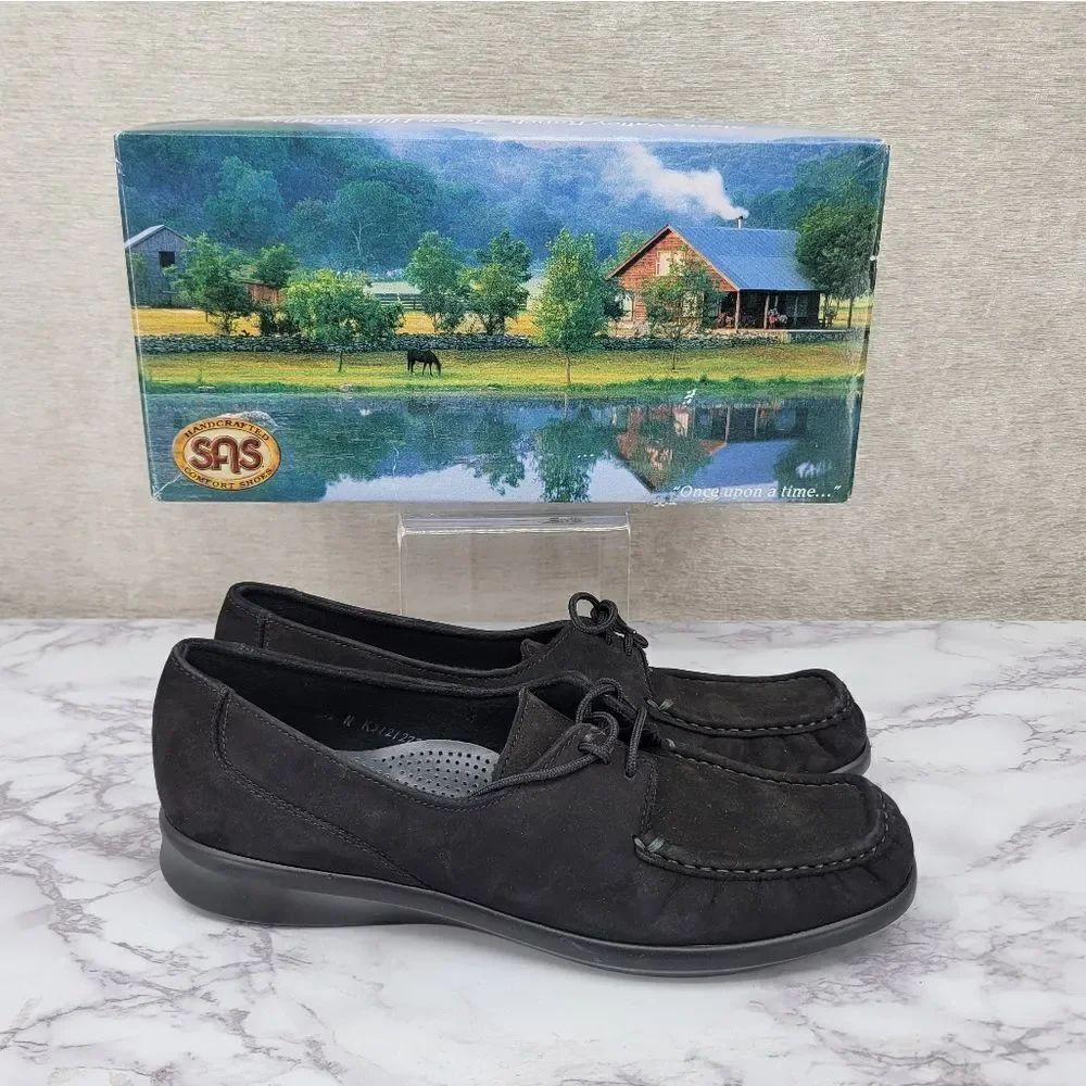 SAS Petra Lace Up Loafer in Black Charcoal Nubuck Leather Women's Size 8.5N